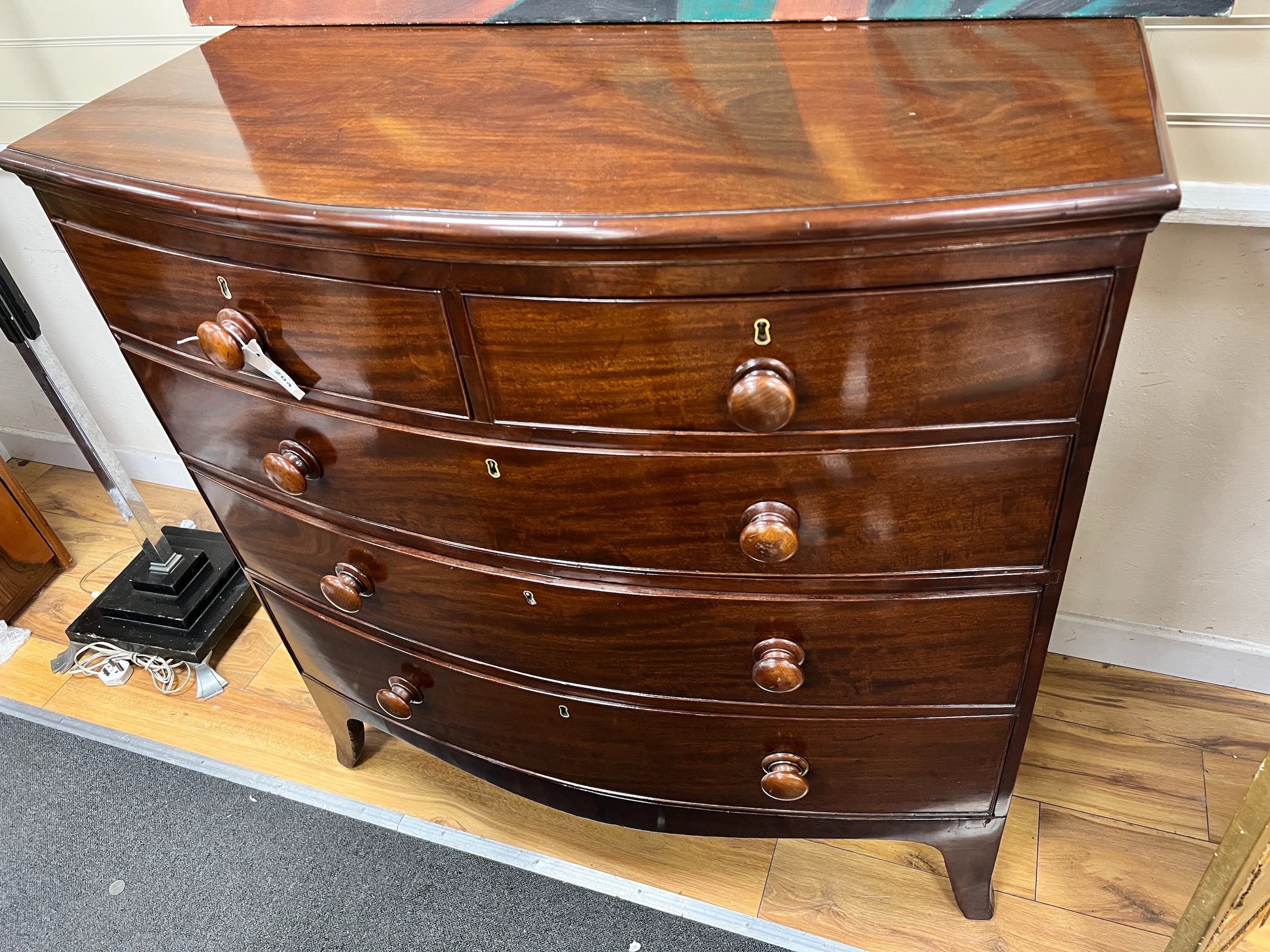 A late Regency mahogany bowfront chest, width 108cm, depth 56cm, height 108cm